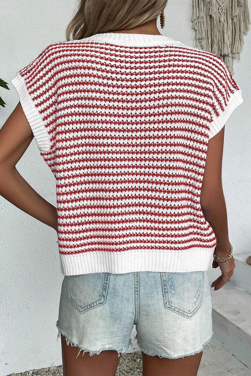 Blau/rot/schwarz gestreiftes Dolman-Oberteil aus Strick