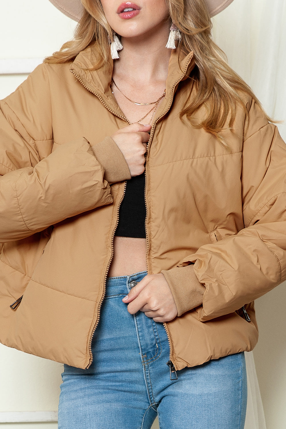 Brown, Black and Green Pocketed Puffer Coat