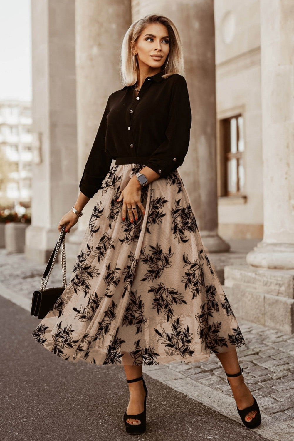 Maxirock mit hoher Taille und Blumenmuster in Blütenform