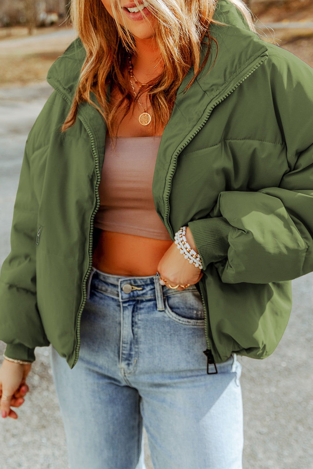 Brown, Black and Green Pocketed Puffer Coat