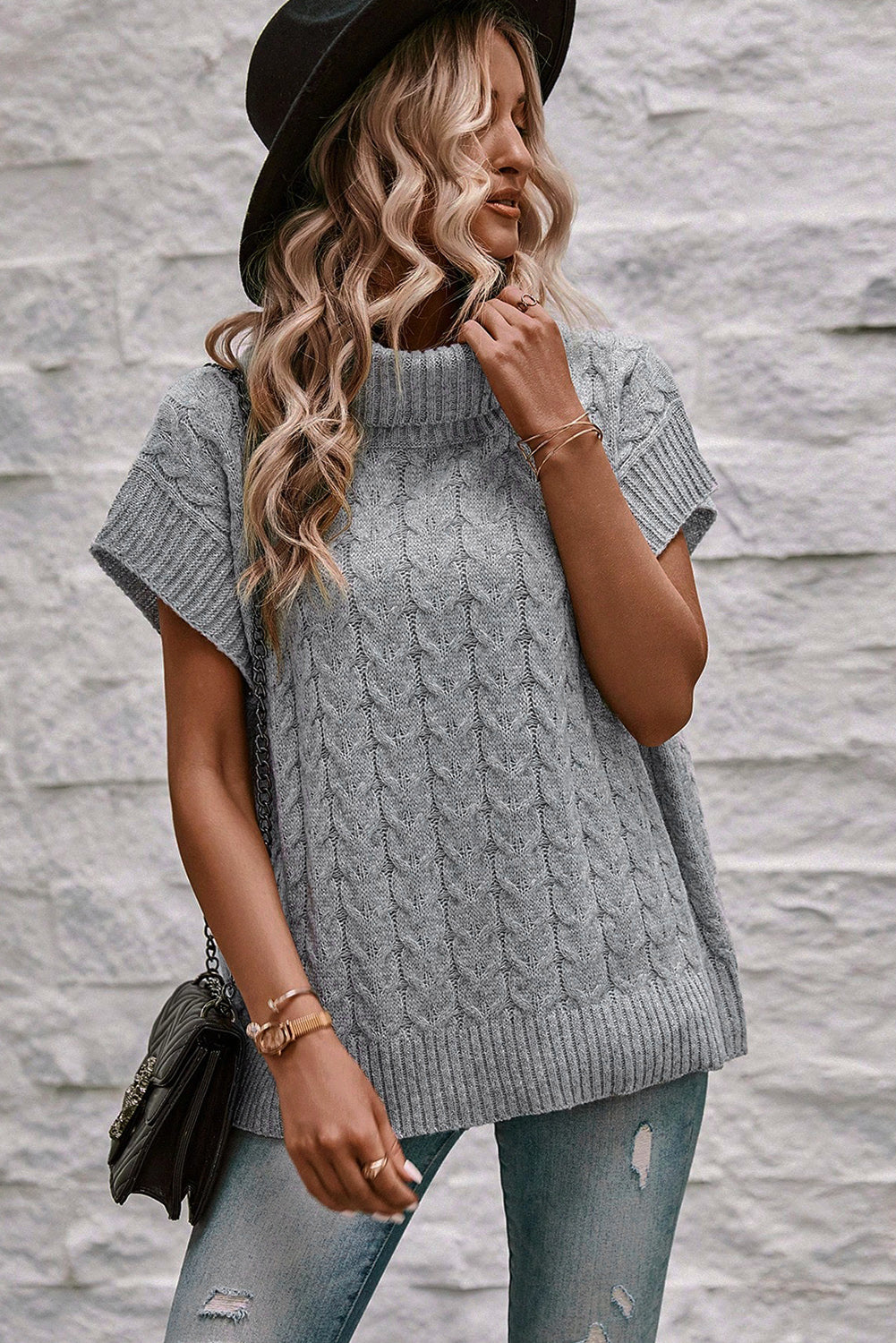 Hellbeige/grauer Rollkragen-Strickpullover
