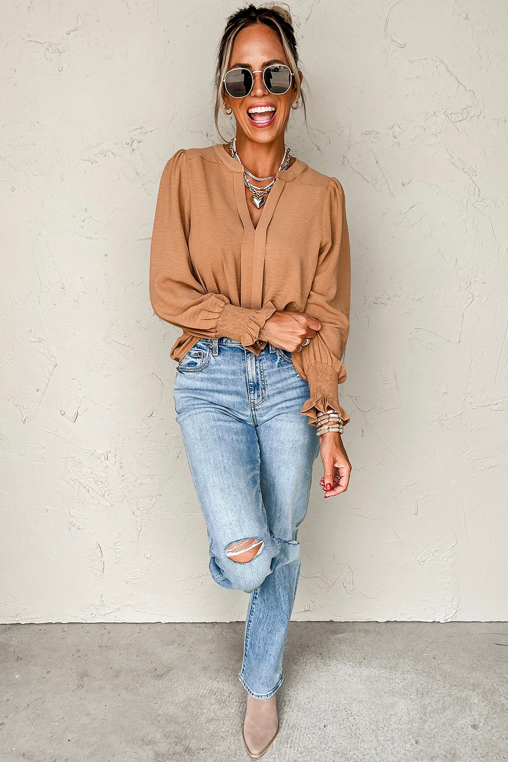Braune/rosa Bluse mit V-Ausschnitt