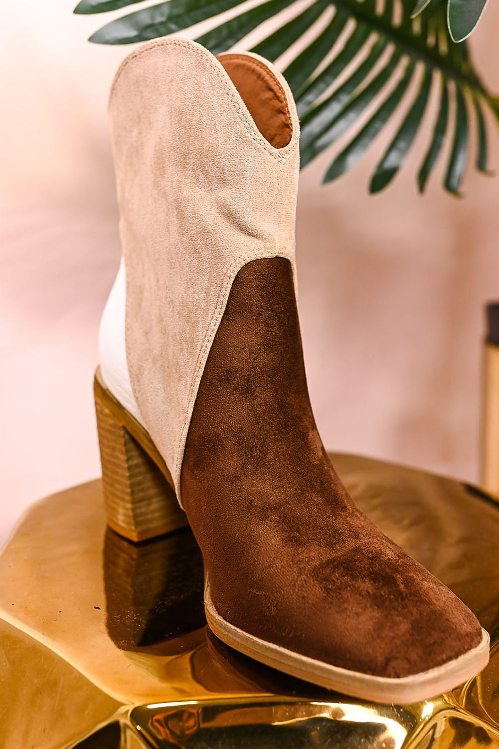 Chestnut/Black Colorblock Suede Heeled Ankle Boots