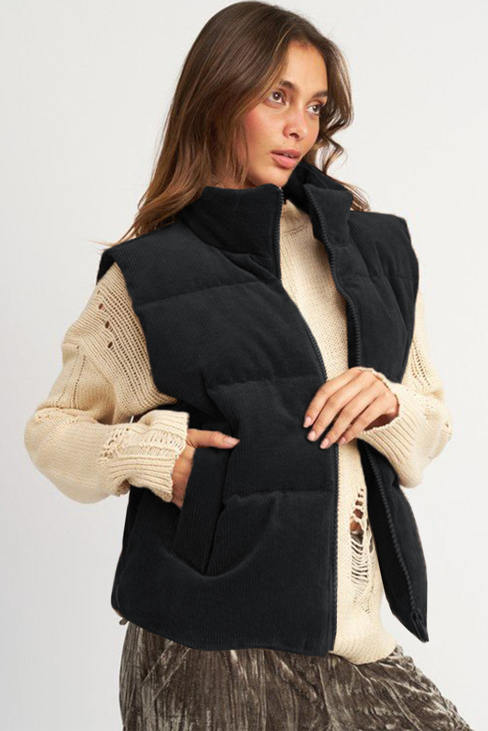 Black, Brown or Jungle Green Rib Puffer Vest