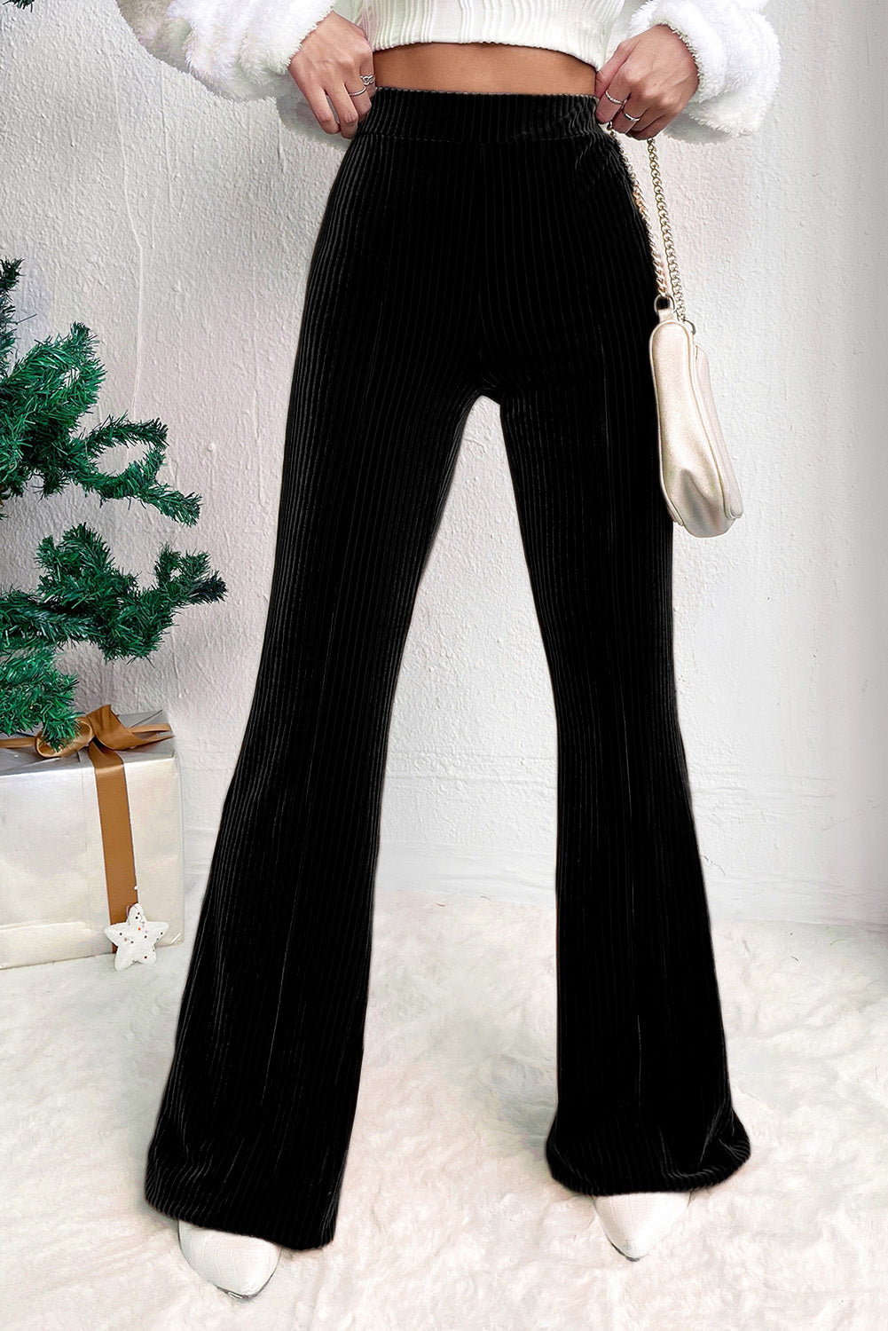 Brown, Pink and Black High Waist Corduroy Flare Pants