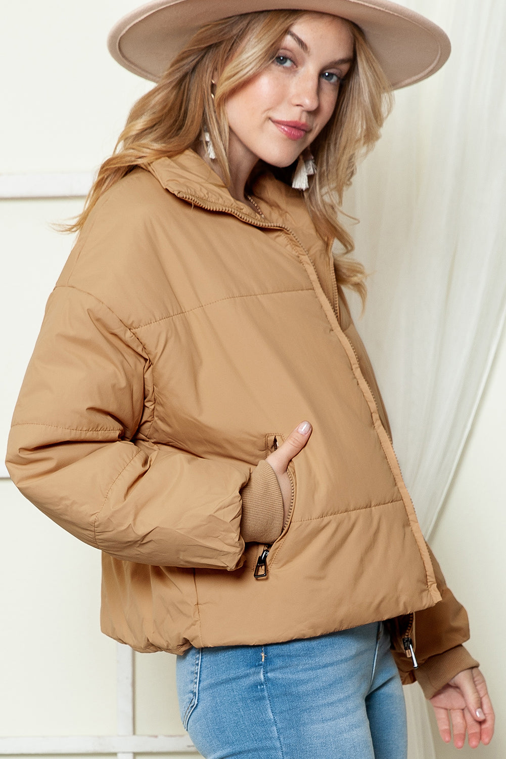 Brown, Black and Green Pocketed Puffer Coat