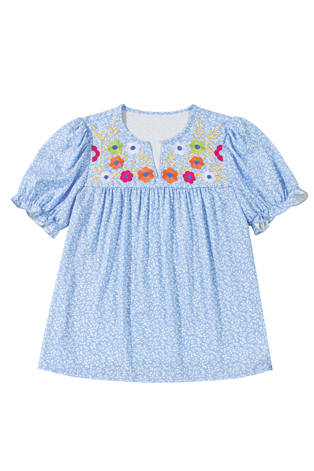 Blue Floral Embroidered Notched V Neck Blouse