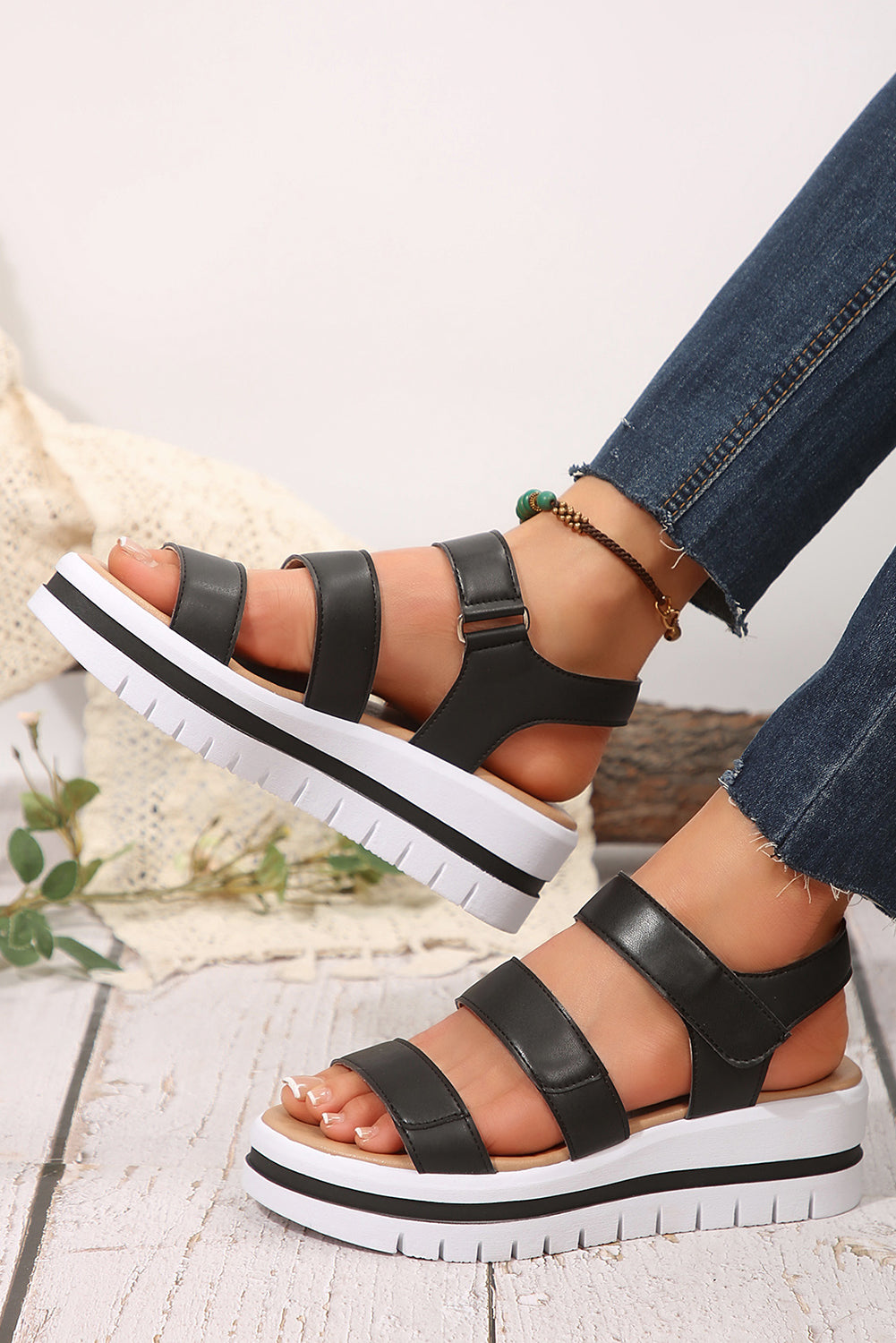 Camel/Black Leather Platform Sandals