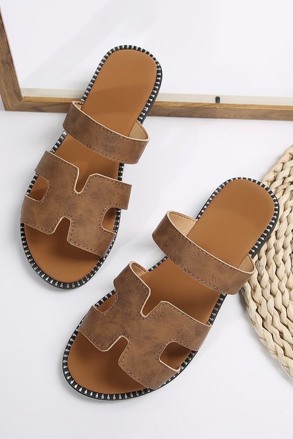 Black/Brown Leather Flat Slides Shoes