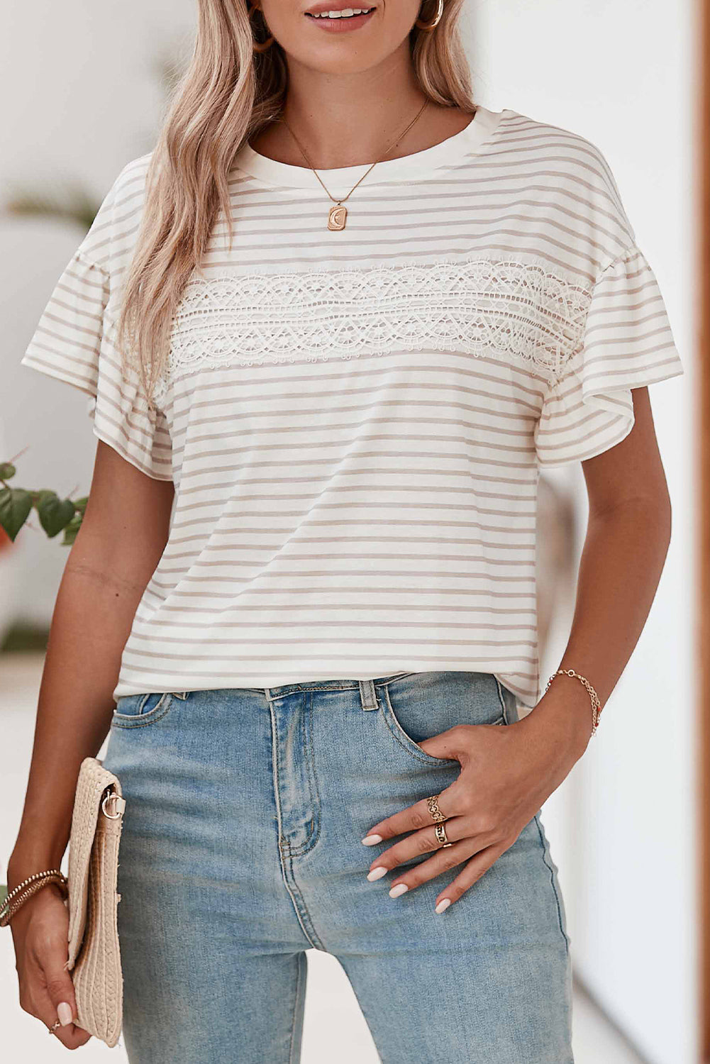 Apricot Striped Ruffle Sleeve T-shirt