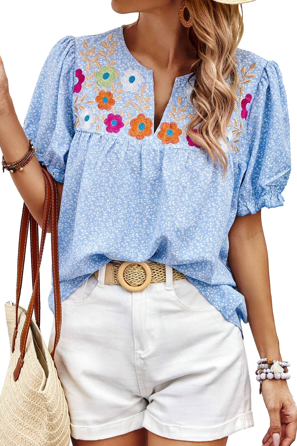 Blue Floral Embroidered Notched V Neck Blouse