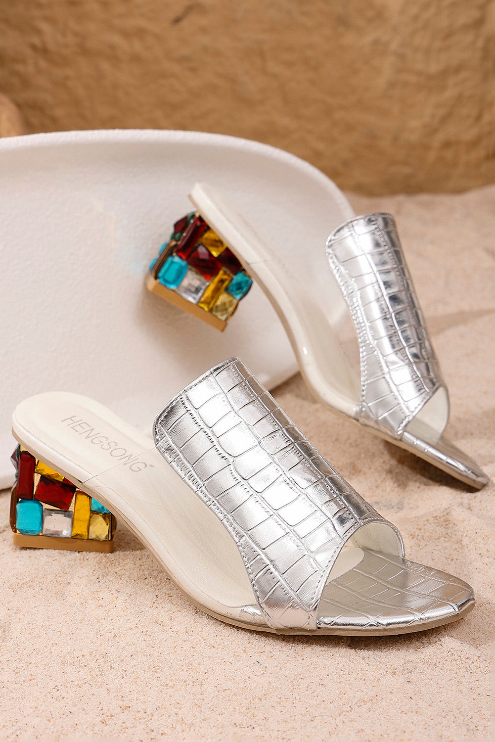 Silvery Open Toe Block Heel Casual Slippers