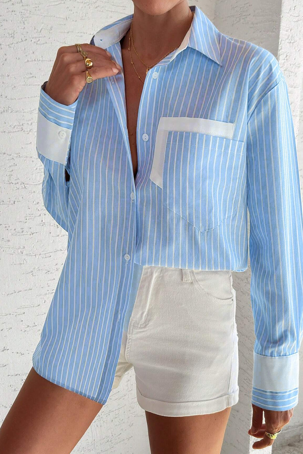 Sky Blue Stripe Contrast Patch Pocket Casual Shirt