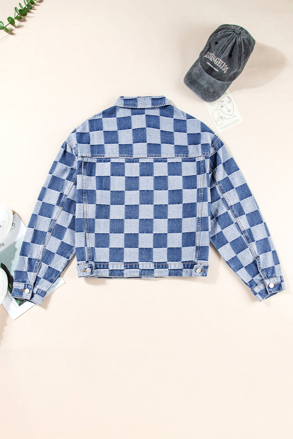 Light Blue/Black Checkered Patchwork Denim Jacket