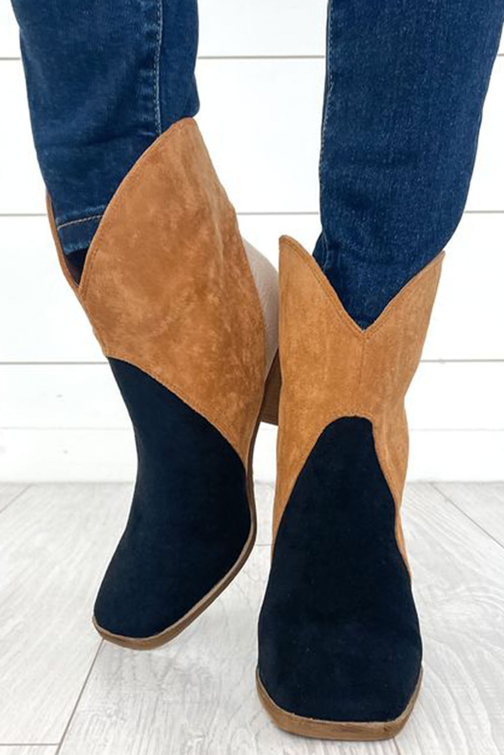 Chestnut/Black Colorblock Suede Heeled Ankle Boots