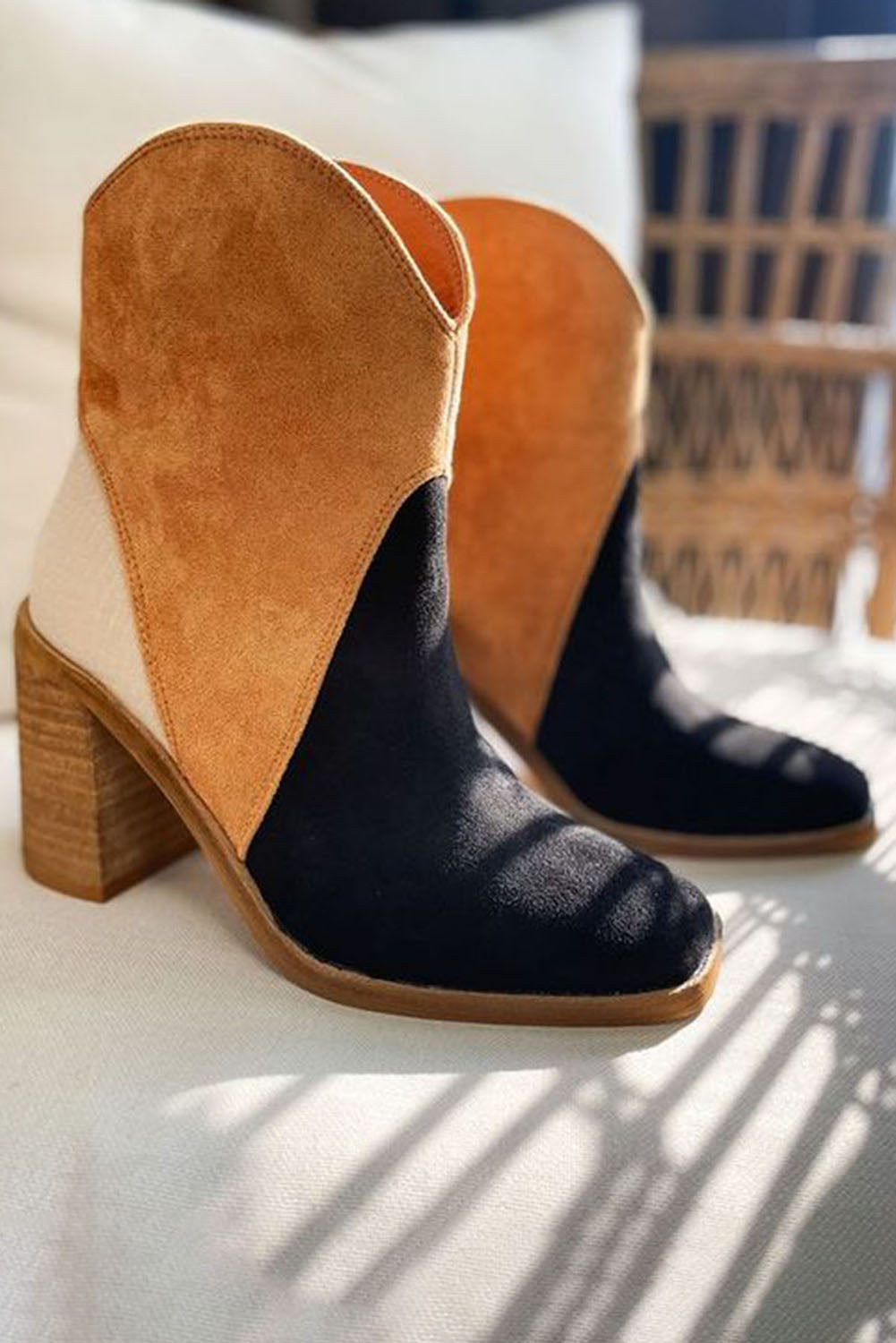 Chestnut/Black Colorblock Suede Heeled Ankle Boots