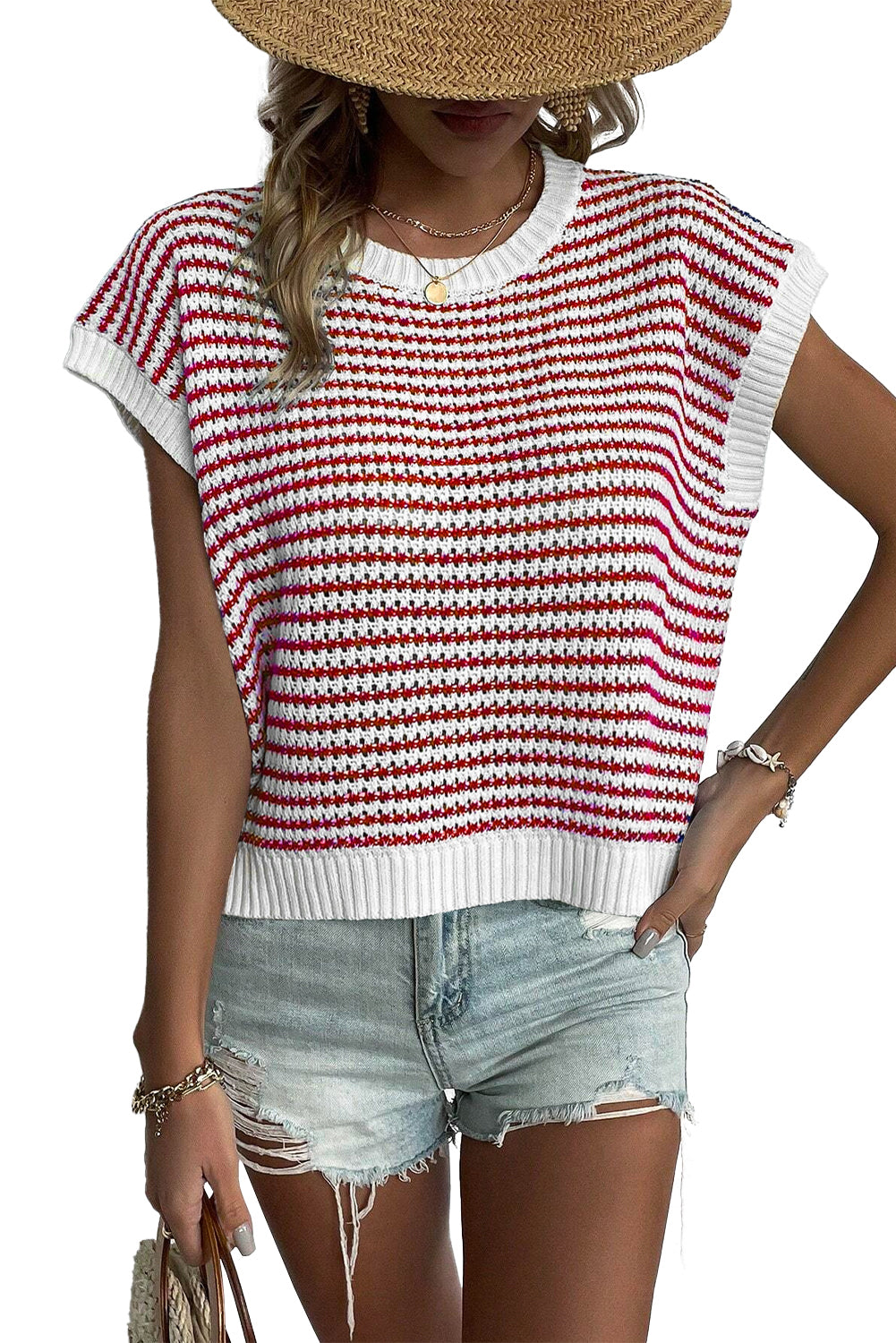 Blue/Red/Black Stripe Knit Dolman Top