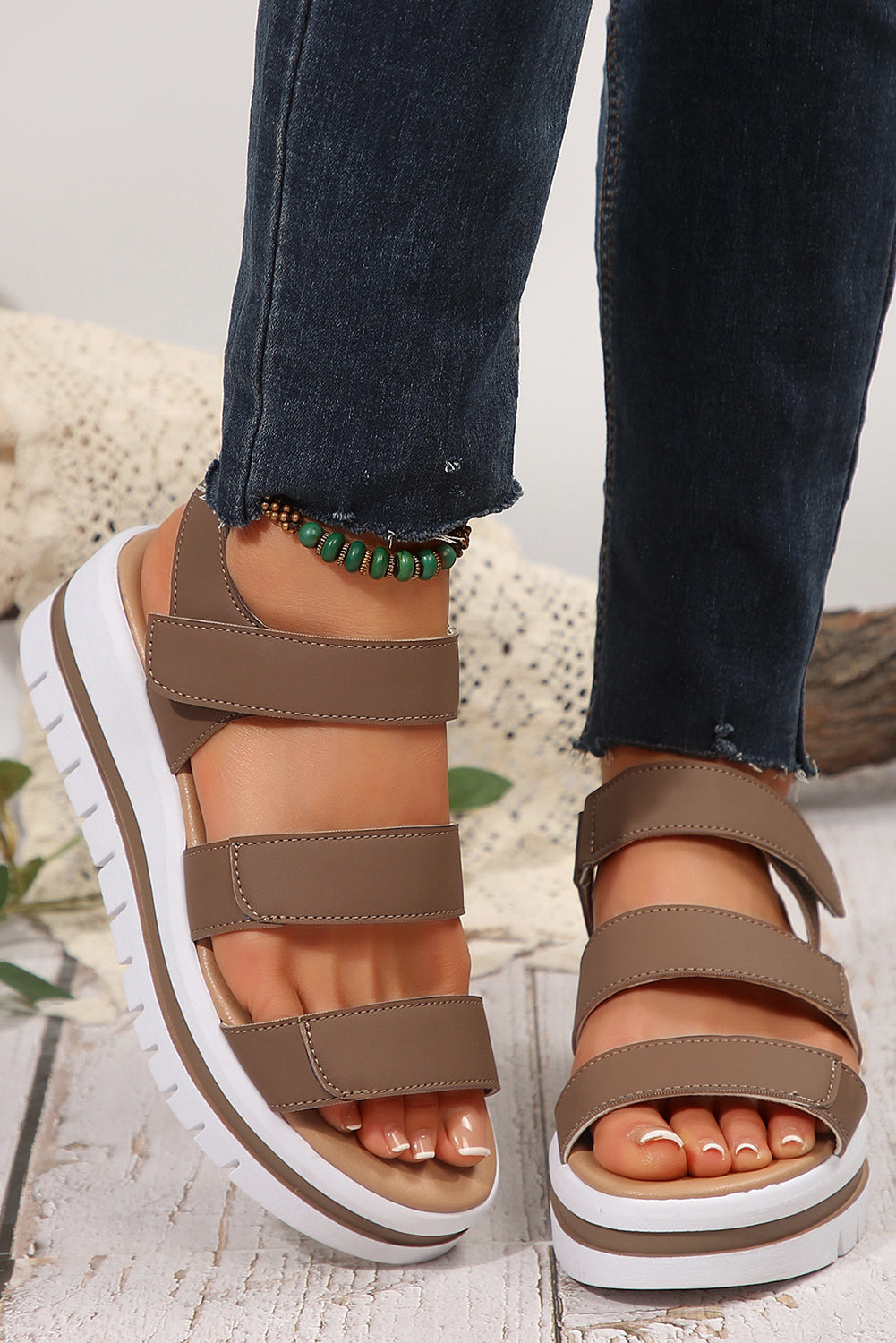 Camel/Black Leather Platform Sandals