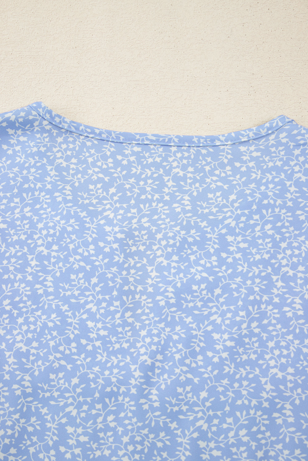 Blue Floral Embroidered Notched V Neck Blouse