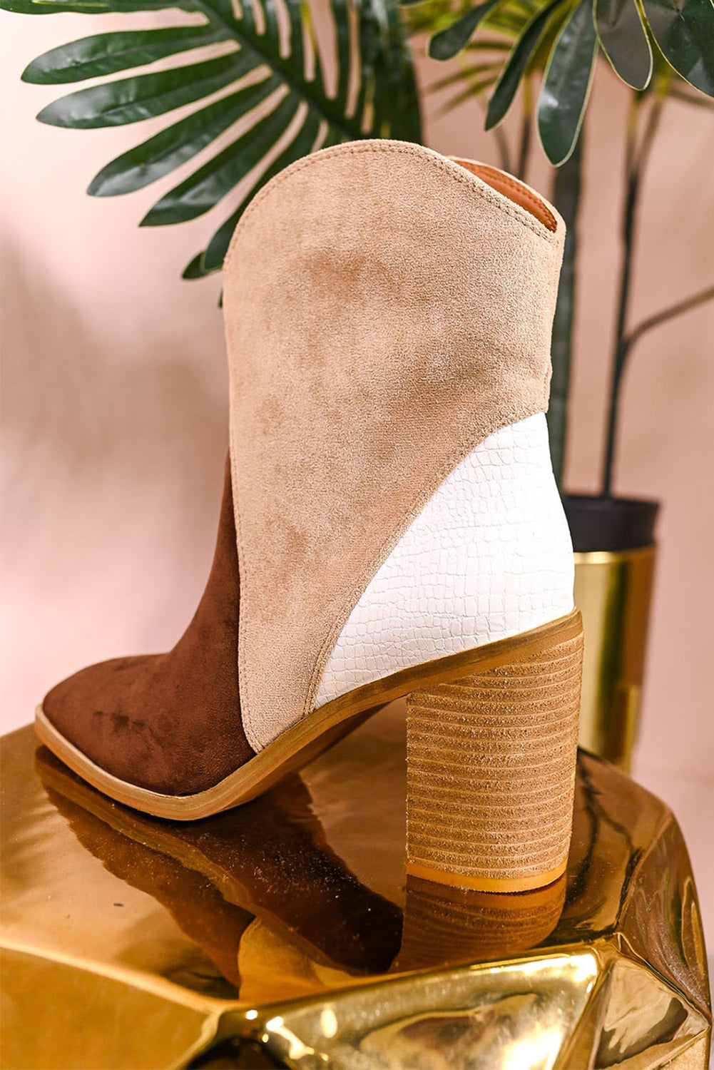 Chestnut/Black Colorblock Suede Heeled Ankle Boots