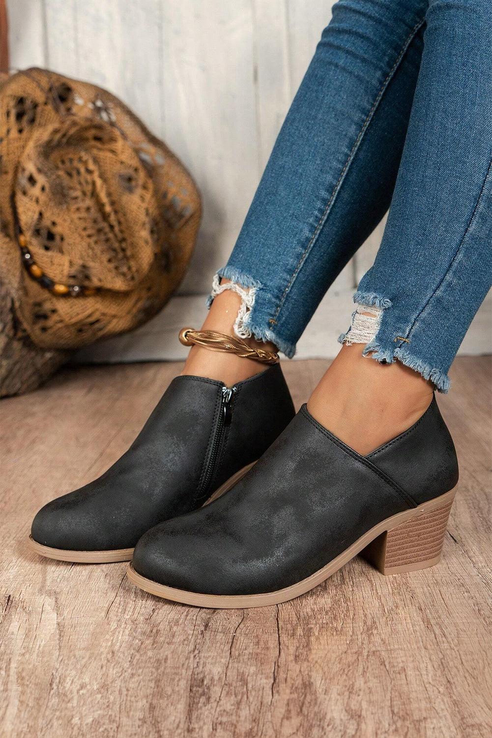 Suede Block Heel Ankle Boot