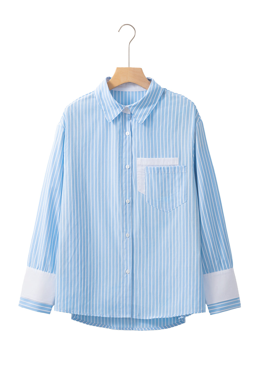 Sky Blue Stripe Contrast Patch Pocket Casual Shirt