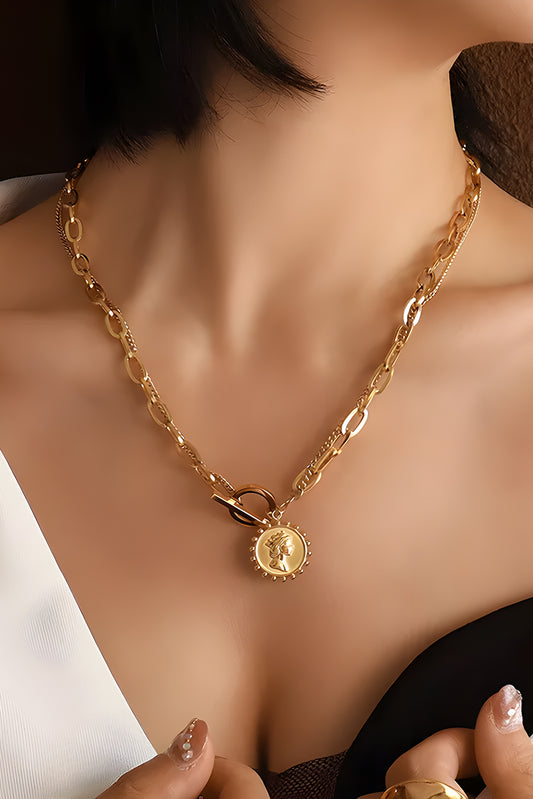 Gold Plated Vintage Carved Coin Necklace