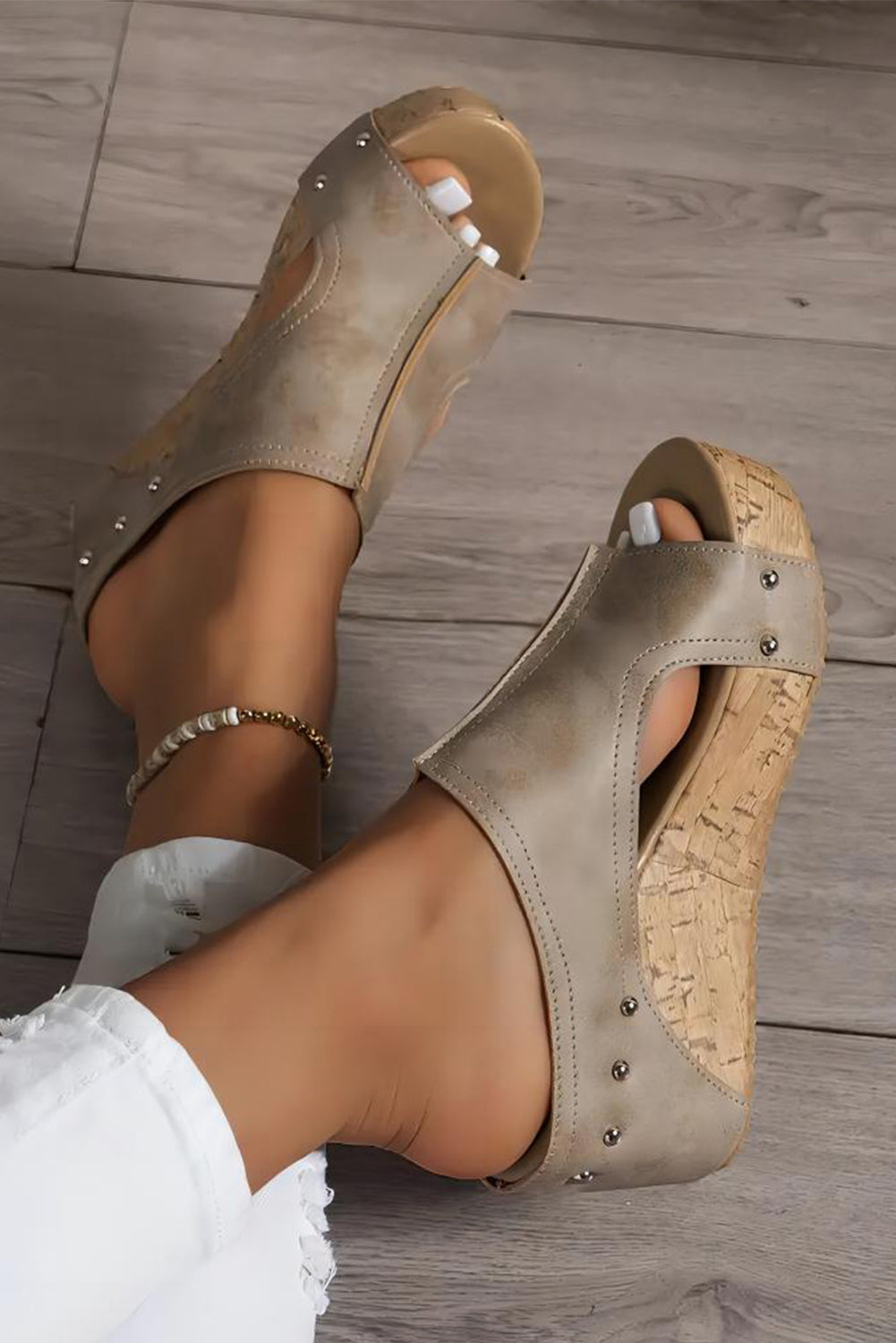 Gray Leather Wedge Slides Shoes