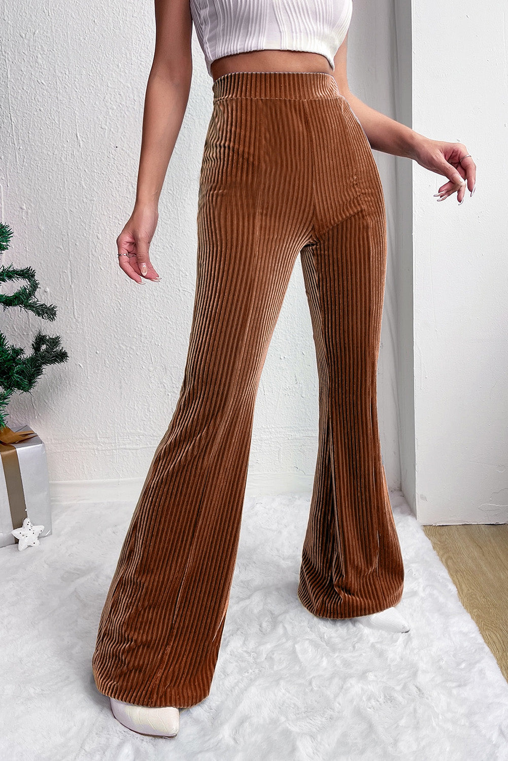 Brown, Pink and Black High Waist Corduroy Flare Pants