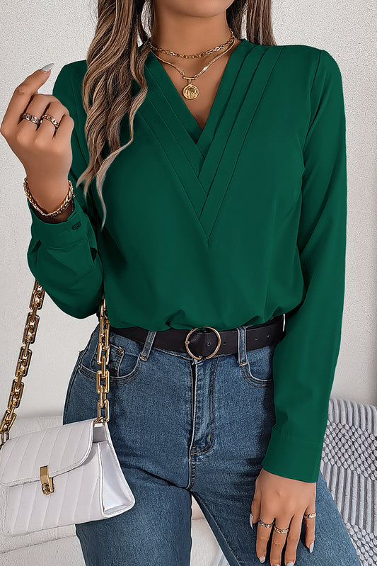 Blackish Green / Red Elegant V-Neck Pleated Blouse