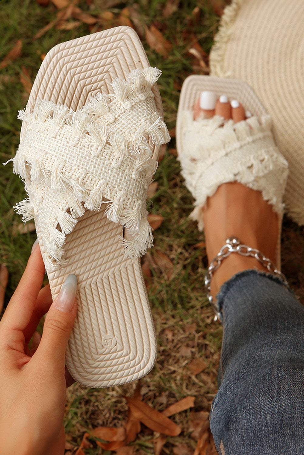 Beige Tassel Woven Crossed Straps Flip Flops