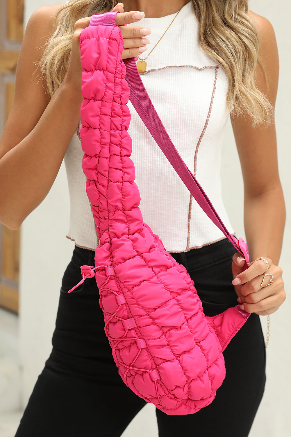 White/Pink/Black Drawstring Decor Sling Bag