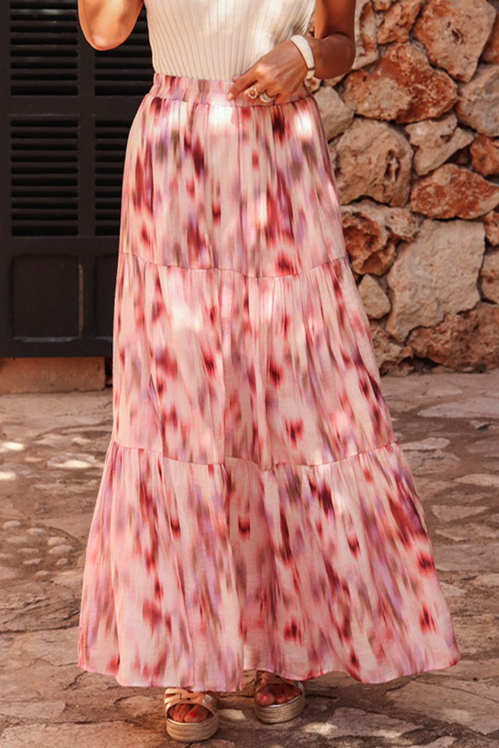 Pink Watercolor Tie Dye Tiered Maxi Skirt