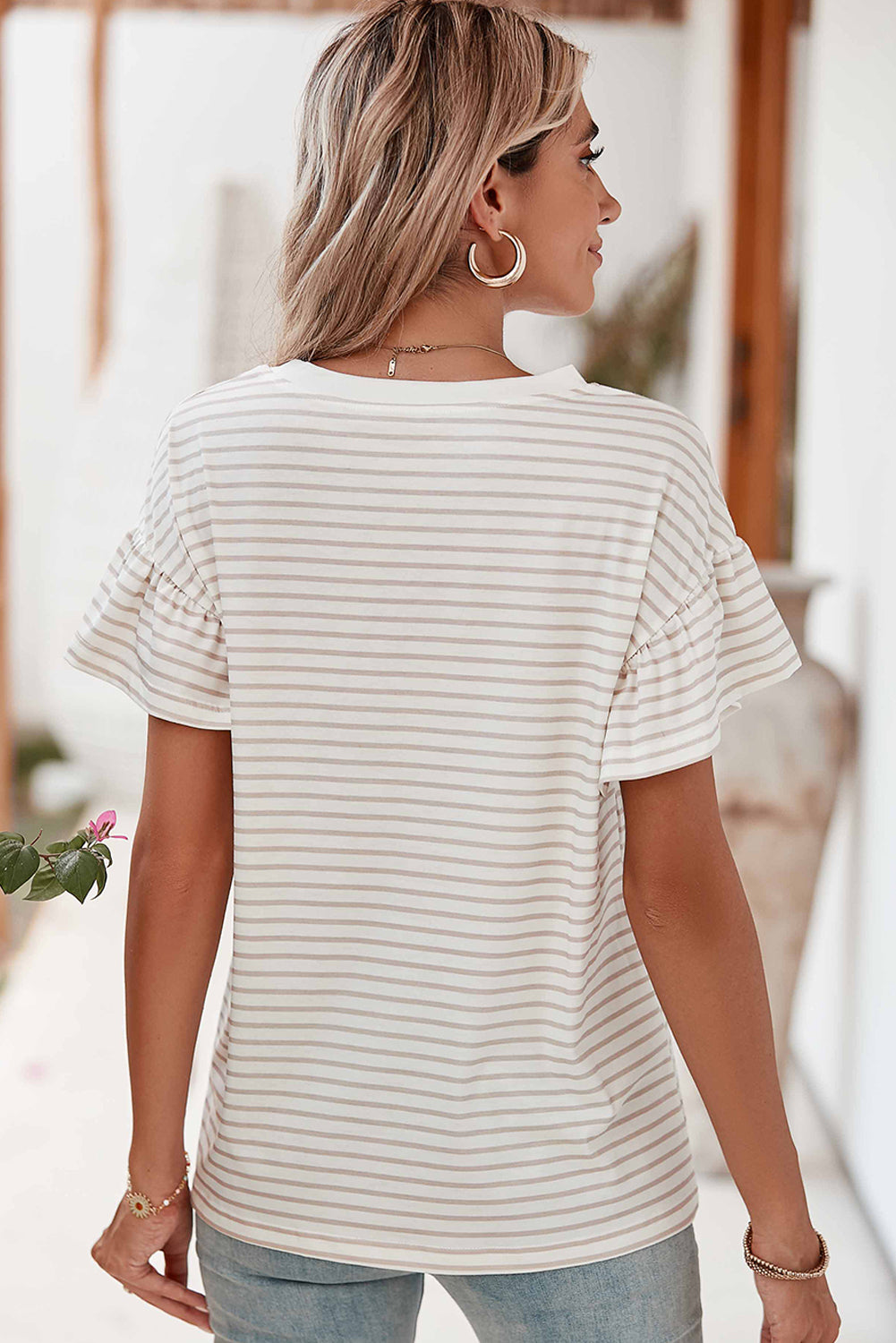 Apricot Striped Ruffle Sleeve T-shirt