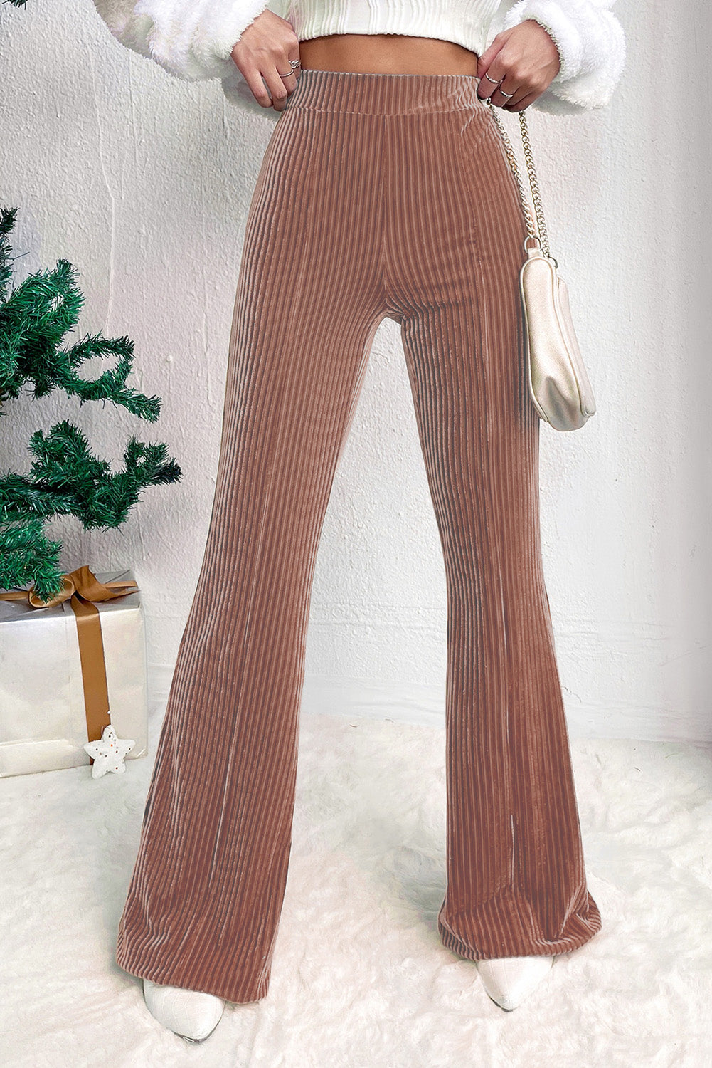 Brown, Pink and Black High Waist Corduroy Flare Pants