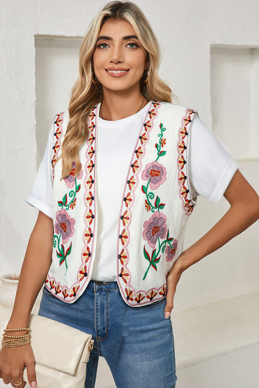 White Floral Embroidered Vest