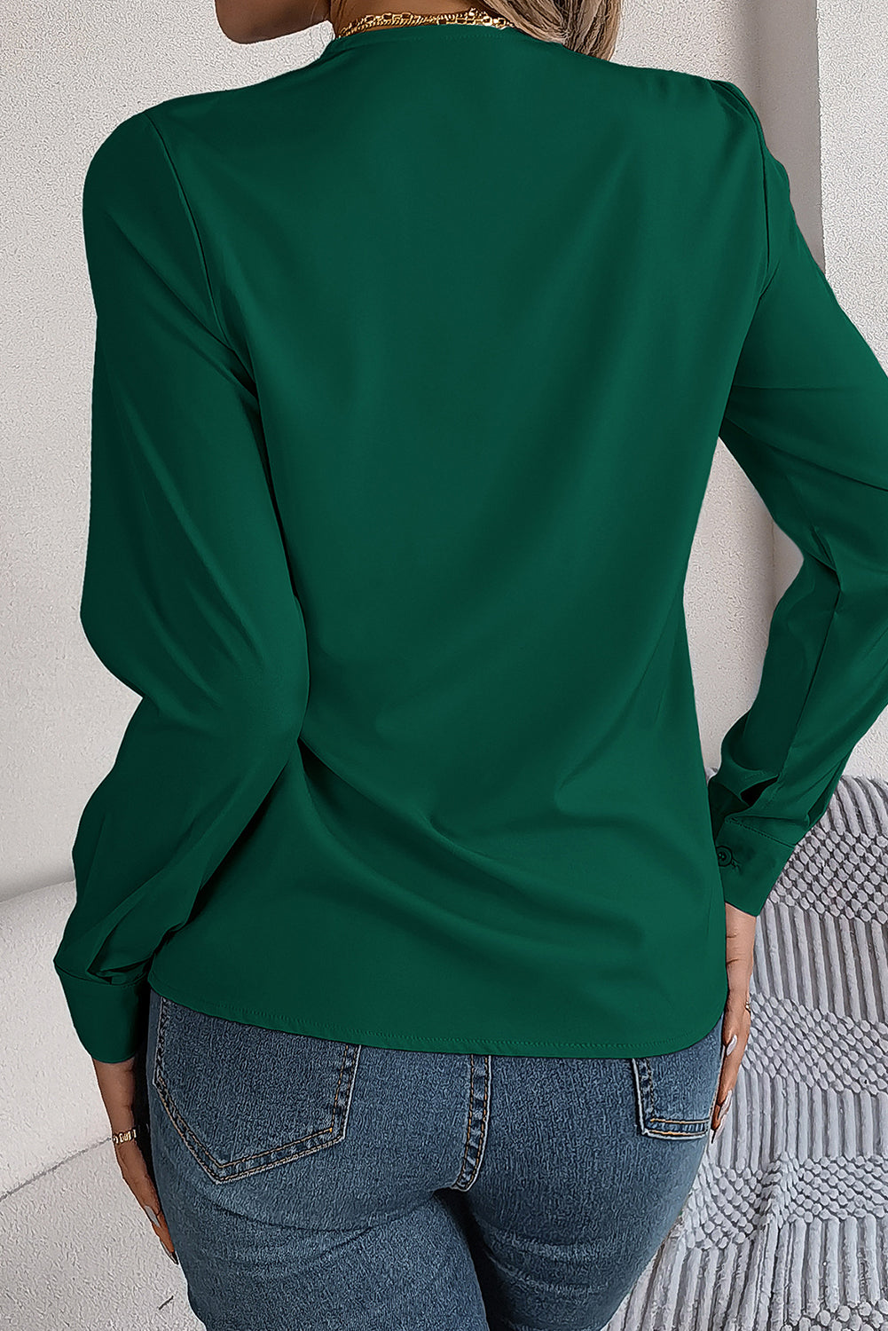 Blackish Green / Red Elegant V-Neck Pleated Blouse