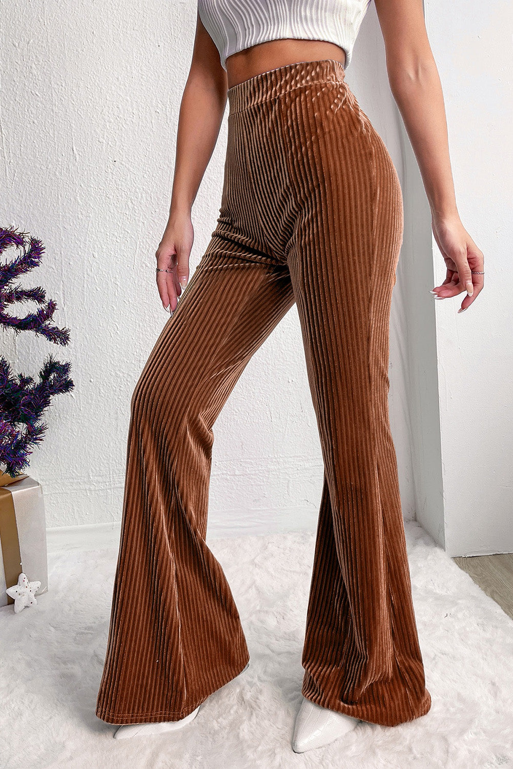 Brown, Pink and Black High Waist Corduroy Flare Pants