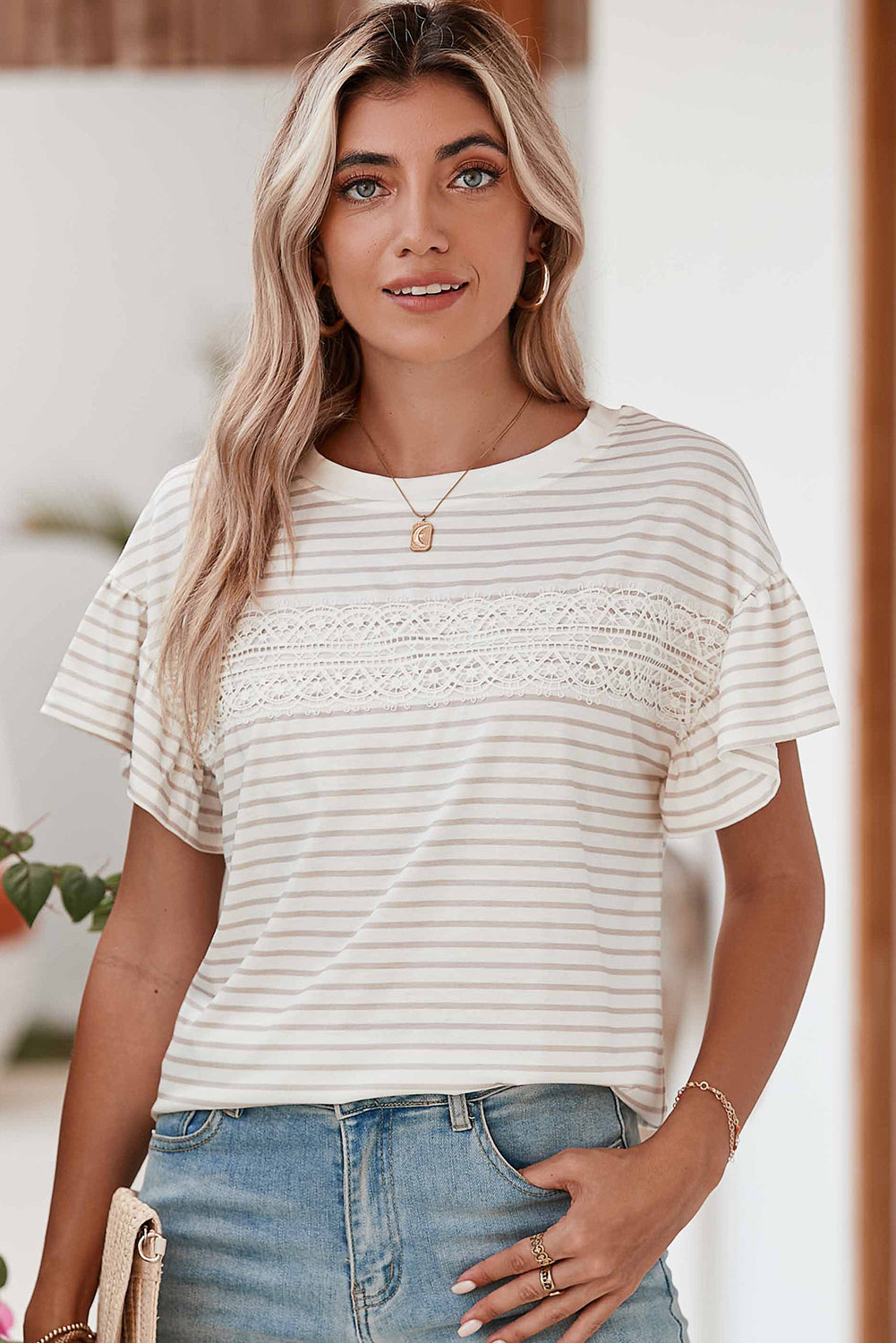 Apricot Striped Ruffle Sleeve T-shirt