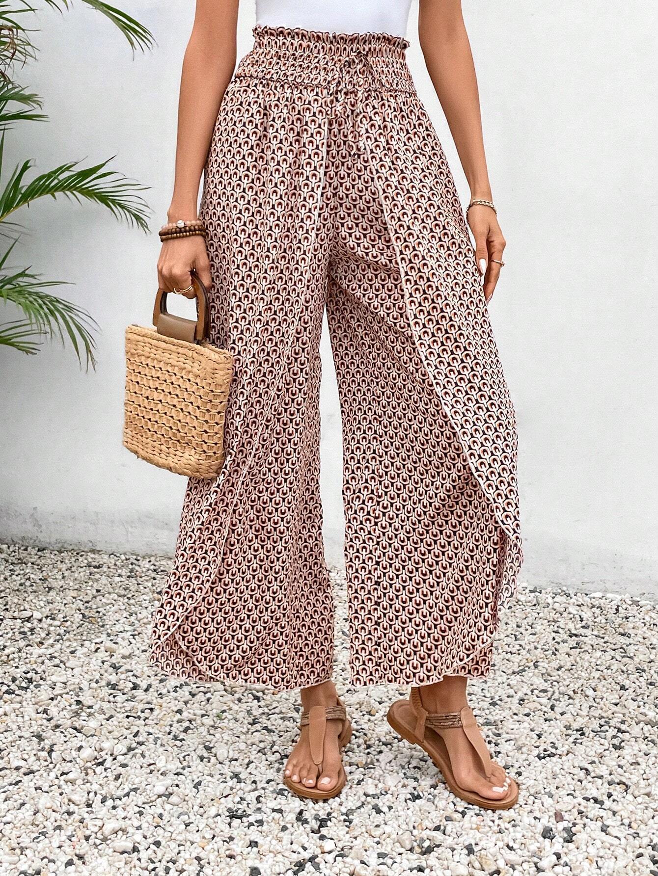 Multi color Floral Shirred Side Slit Wide Leg Pants