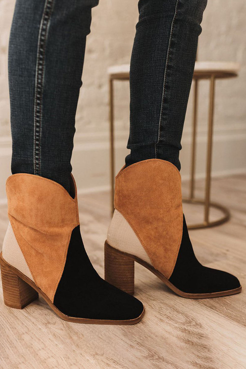 Chestnut/Black Colorblock Suede Heeled Ankle Boots