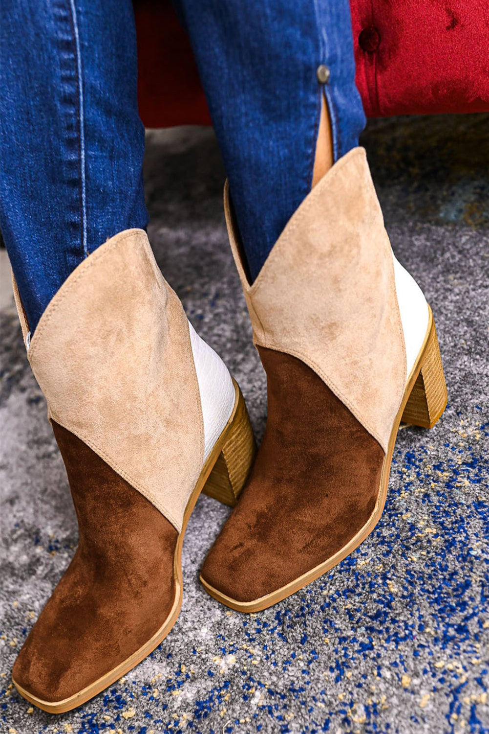 Chestnut/Black Colorblock Suede Heeled Ankle Boots