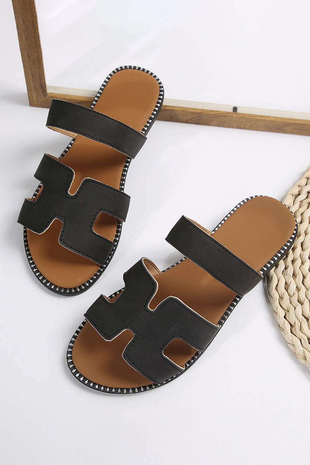 Black/Brown Leather Flat Slides Shoes