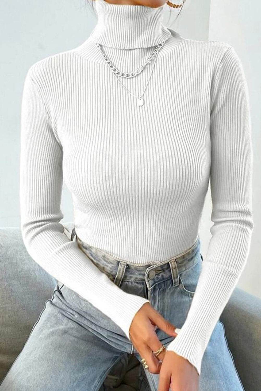 White/Black Turtleneck Pullover Knit Top