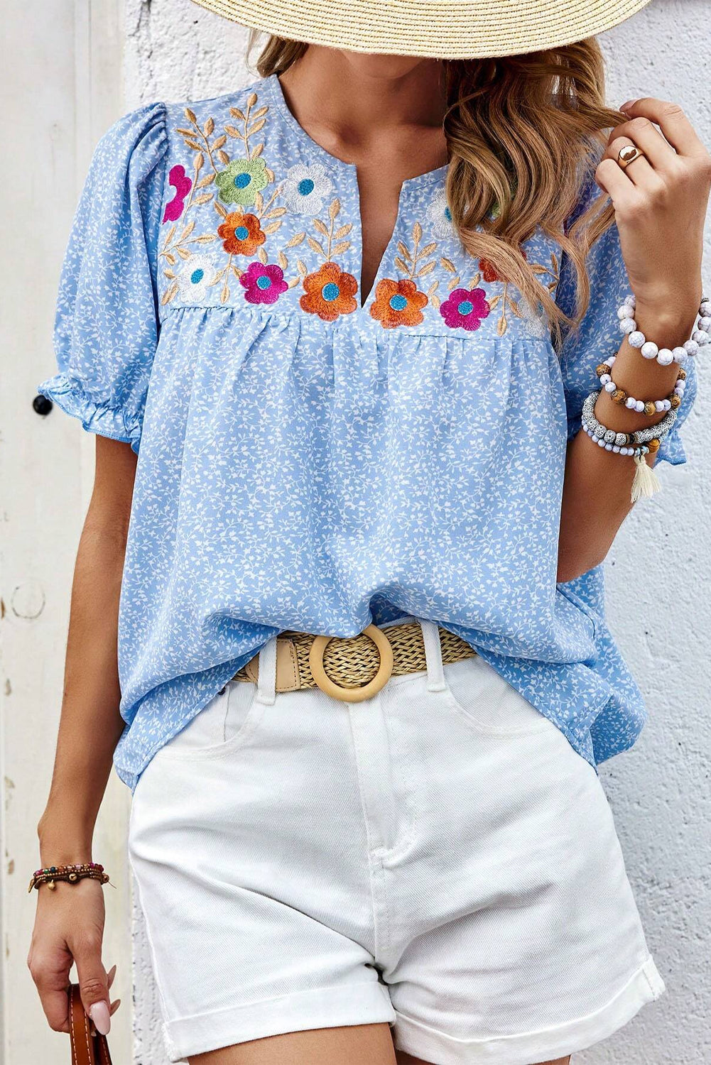 Blue Floral Embroidered Notched V Neck Blouse