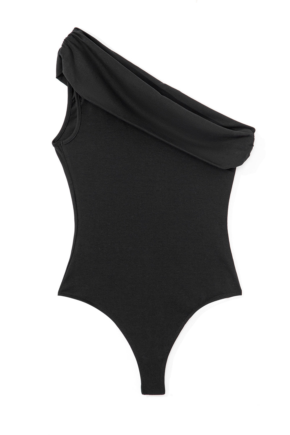 Schwarzer einfarbiger, plissierter One-Shoulder-Bodysuit