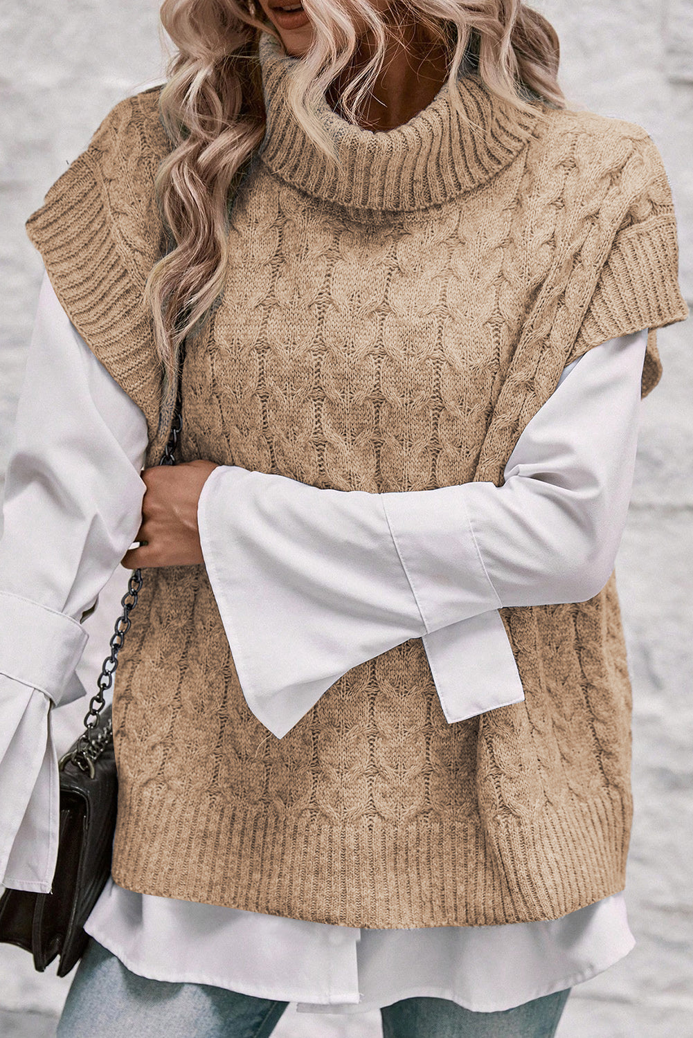 Light Beige/Grey Turtleneck Knit Sweater