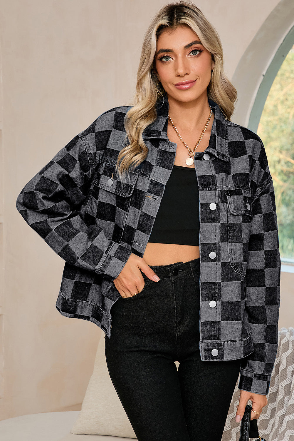 Light Blue/Black Checkered Patchwork Denim Jacket