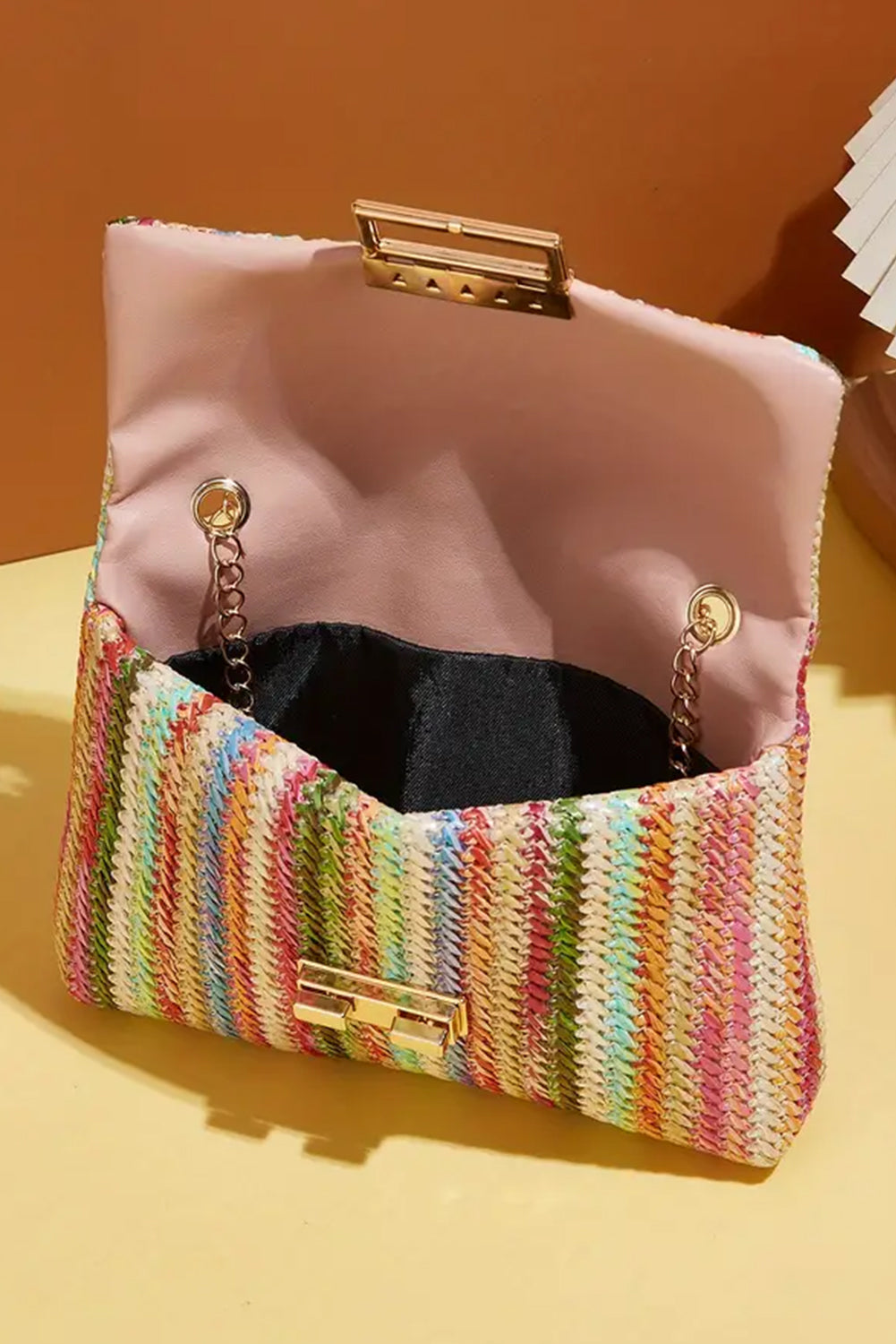 Pink Striped Crochet Flapped Single Shoulder Bag