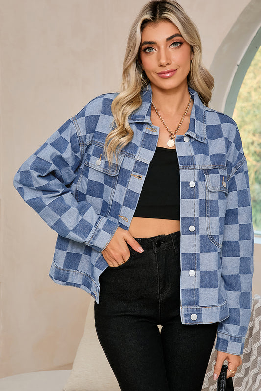 Hellblau/schwarz karierte Patchwork-Jeansjacke